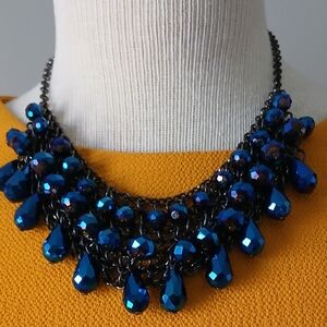 Blue Statement Teardrop Necklace. Adjustable.